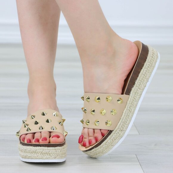 Beige Platform Sandals Gold Studded Slip On Braided Jute Sole Open Toe - Picture 6 of 12